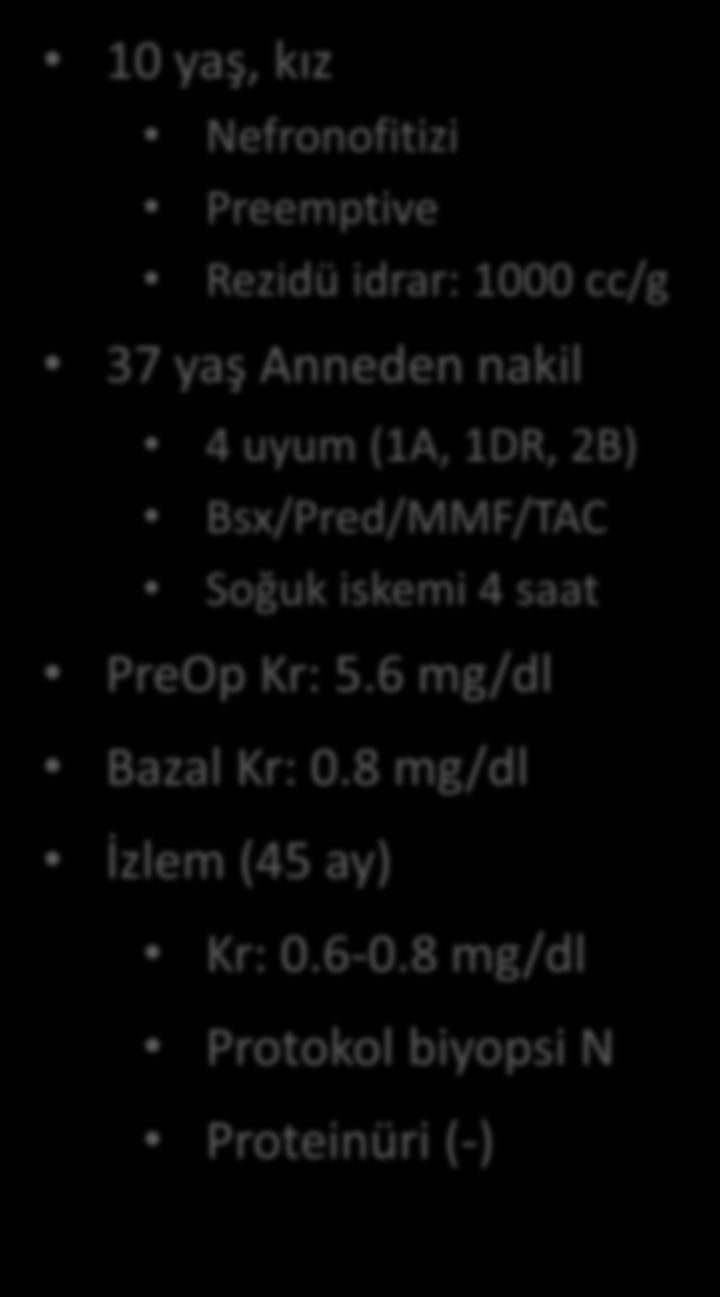 Hilal 10 yaş, kız Nefronofitizi Preemptive Rezidü idrar: 1000 cc/g 37 yaş Anneden nakil 4 uyum (1A, 1DR, 2B) Bsx/Pred/MMF/TAC Soğuk iskemi 4 saat PreOp Kr: 5.6 mg/dl Bazal Kr: 0.