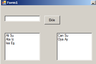 Dim AdSoyad As String AdSoyad = TextBox1.Text ListBox1.Items.Add(AdSoyad) TextBox1.Clear() Private Sub Button2_Click(ByVal sender As System.Object, ByVal e As System.EventArgs) Handles Button2.