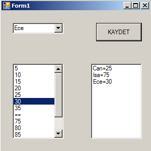 Örnek 22: Formun üzerine 2 tane Listbox1, 2 tane Textbox, 1 tane buton ekleyin. Textbox1 den Ad, Textbox2 den puan girin.