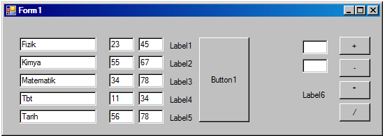 Private Sub Button1_Click() Label1.Text = Val(TextBox1.Text) ^ 2 + Val(TextBox2.Text) Ödev: Şekildeki gibi derslerin Vize ve Final notlarını textboxlara girin.