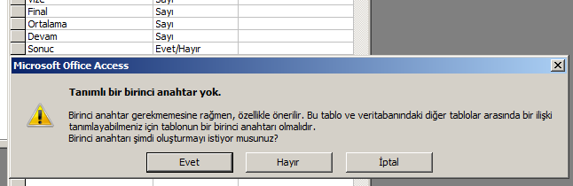 İsim ve soyisim alanlarını metin olarak tanımlayalım. Girilebilecek metin uzunluklarını aşağısındaki tablodan 30 karakter olarak ayarlayalım. Vize ve final notlarını ise byte olarak ayarlayalım.