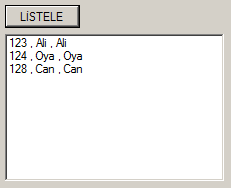 okuyucu = komut.executereader 'KAMYON YÜKÜ BOŞALTSIN (Sayfada bilgileri göstersin) While okuyucu.read ListBox1.Items.Add(okuyucu.Item("OgrNo") & ", " & okuyucu.item("ad") & ", " & okuyucu.