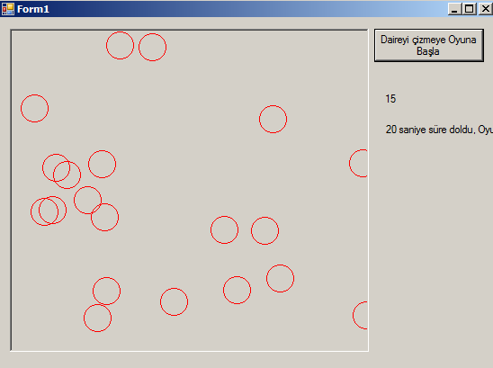 Imports System.Drawing Public Class Form1 Dim x, y, s, m As Integer Dim x1, y1 As Integer 'Burası her saniyede bir dire çizdirecek. ve süreyi labelda gösterecek. 20 saniye olunca oyun bitti diyecek.
