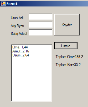 Soru: Formun üzerine 3 tane textbox, 2 tane buton atın. Textboxlardan bir ürünün adını, alış Fiyatını, ve adedini girin. Kaydet butonuna basınca bu bilgileri Random Dosyaya kaydedin.