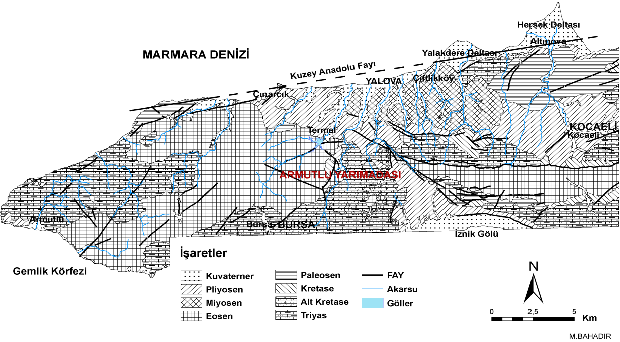 457 Armutlu Yarımadası sınırları dahilinde Paleozoyikten günümüze kadar değişik zamanları temsil eden kaya türleri yüzeylenmektedir.