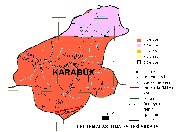 Karabük te depreme neden olabilecek fay hatları ise Karabük ü Kuzeybatı -Kuzeydoğu doğrultusunda kat eden Karabük Tektonik Hattı ve etkinliğini hala sürdüren Kuzey Anadolu Fay Hattı dır(işık, 2010: