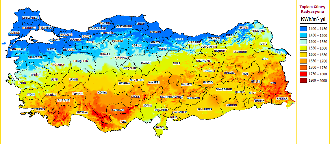 13 Harita 1: Türkiye nin Güneş Enerji Güç Potansiyeli Kaynak: http://www.eie.gov.tr/mycalculator/default.aspx şeklindedir.