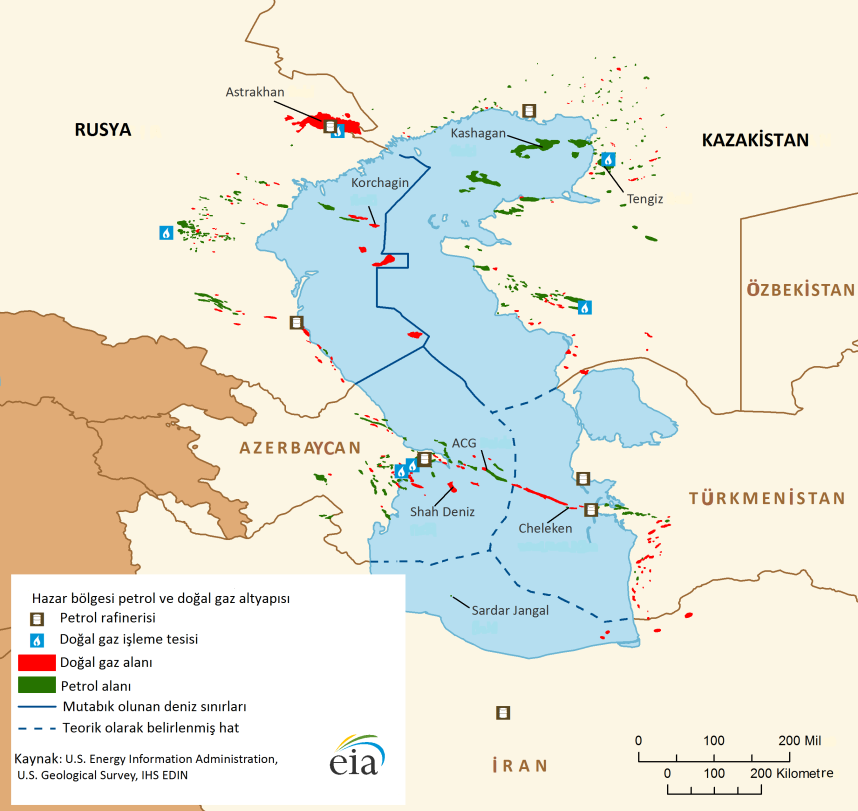 Araştırma Merkezinin (USGS) tahminine göre Hazar da yaklaşık 20 milyar varil ham petrol ve 243 tcf (trilyon m 3 ) doğal gazın teknik kazanılabilir ve keşfedilmemiş yatakları bulunmaktadır (EIAb,