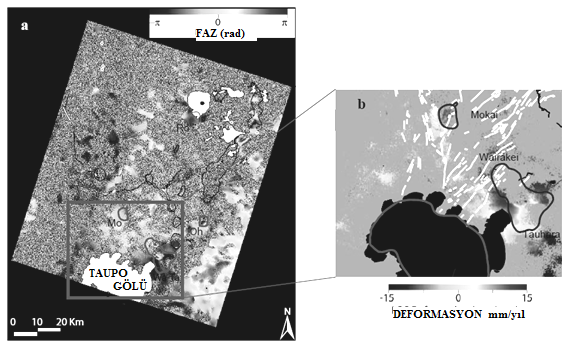 180 Resim 2. (a) ERS girişimölçer 05/03/99 23/07/99. Ayrıca, beyaz renk gölleri ve siyah renkli çerçeve jeotermal alanların ana hatlarını göstermektedir.