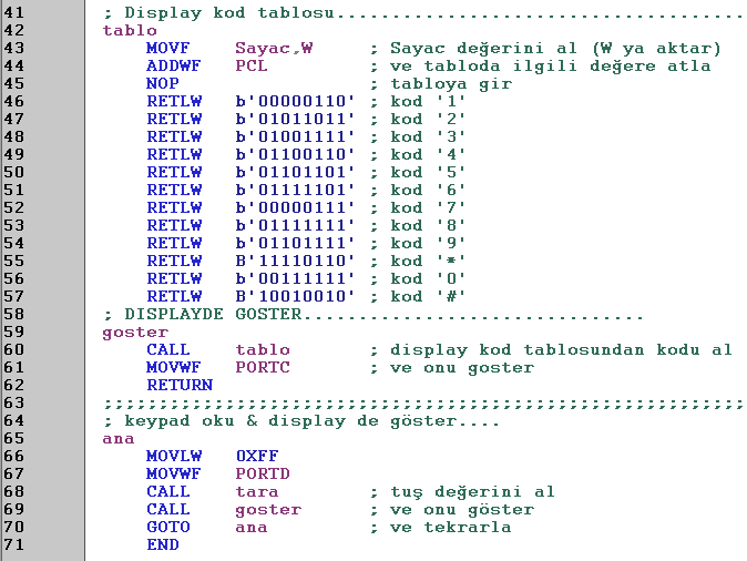 1 2 3 KEYPAD UYGULAMASI: ASSEMBLY KODU (2/2) Basılan tuşun 7 segment display de göstrerimi 220R 13 14 1 2 3 4 5 6 7 8 9 10 OSC1/CLKIN RB0/INT OSC2/CLKOUT RB1 MCLR/Vpp/THV RB2 RB3/PGM RA0/AN0 RB4