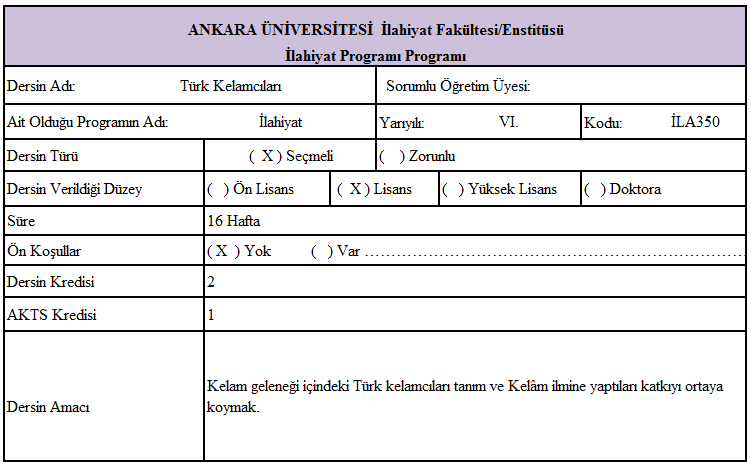 Ek.6: Ankara Üniversitesi İlahiyat Fakültesi Sistematik Kelâm Dünya Dinleri