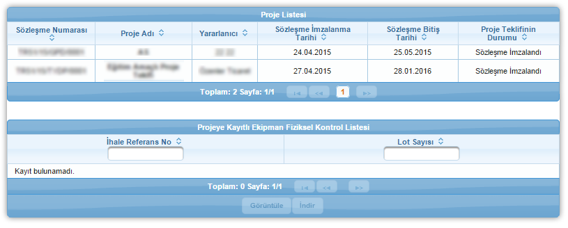 Proje İşlemleri / Ekipman Fiziksel Kontrol Listesi İlgili işlemin seçilmesinin ardından Proje Listesi Ekranı görüntülenir.