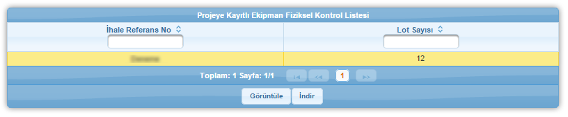 Projeye Kayıtlı Ekipman Fiziksel Kontrol Listesi Tablosu'nda Detayları görüntülenmek istenen kayıt seçilir ve Görüntüle düğmesine tıklanarak ilgili bilgiye yönelik detaylı ekipman bilgisine ulaşılır.