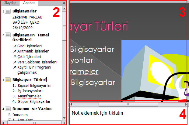 14 Normal görünümü Normal görünüm, sununuzu yazdığınız ve tasarladığınız asıl düzenleme görünümüdür. Normal görünümün dört çalışma alanı vardır: 1.