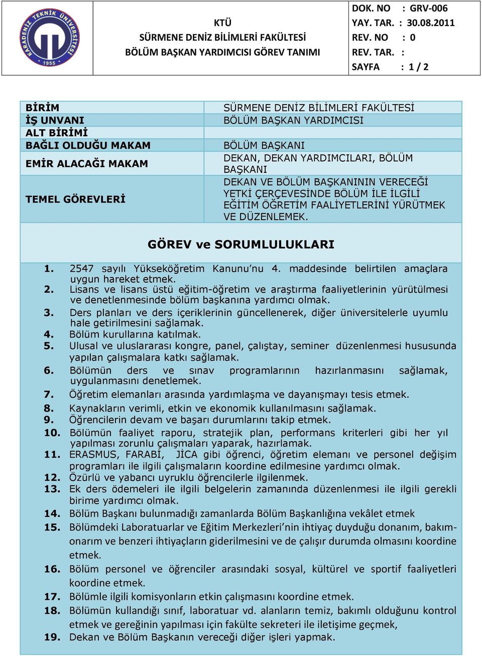 YETKİ ÇERÇEVESİNDE BÖLÜM İLE İLGİLİ EĞİTİM ÖĞRETİM FAALİYETLERİNİ YÜRÜTMEK VE DÜZENLEMEK. GÖREV ve SORUMLULUKLARI 1. 2547 sayılı Yükseköğretim Kanunu nu 4.