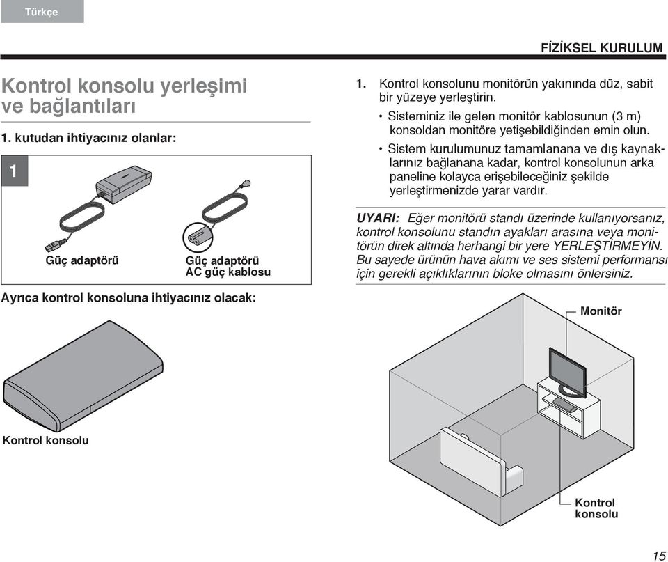 Sistem kurulumunuz tamamlanana ve dış kaynaklarınız bağlanana kadar, kontrol konsolunun arka paneline kolayca erişebileceğiniz şekilde yerleştirmenizde yarar vardır.