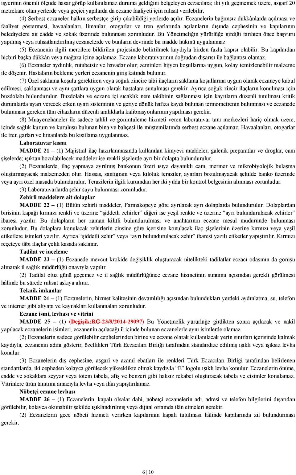 Eczanelerin bağımsız dükkânlarda açılması ve faaliyet göstermesi, havaalanları, limanlar, otogarlar ve tren garlarında açılanların dışında cephesinin ve kapılarının belediyelere ait cadde ve sokak