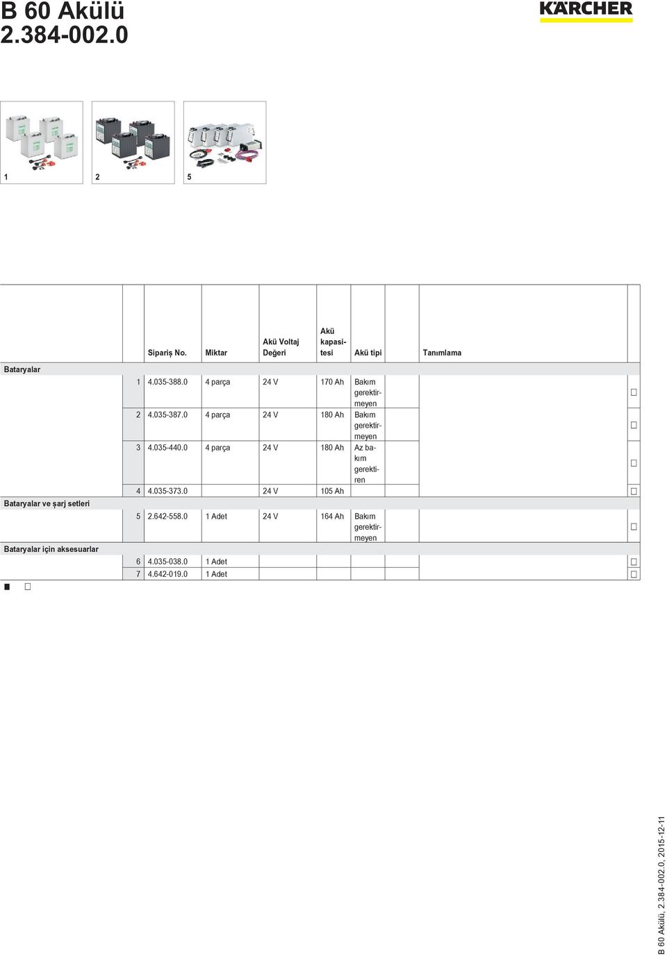 0 4 parça 24 V 170 Ah Bakım gerektirmeyen 2 4.035-387.0 4 parça 24 V 180 Ah Bakım gerektirmeyen 3 4.