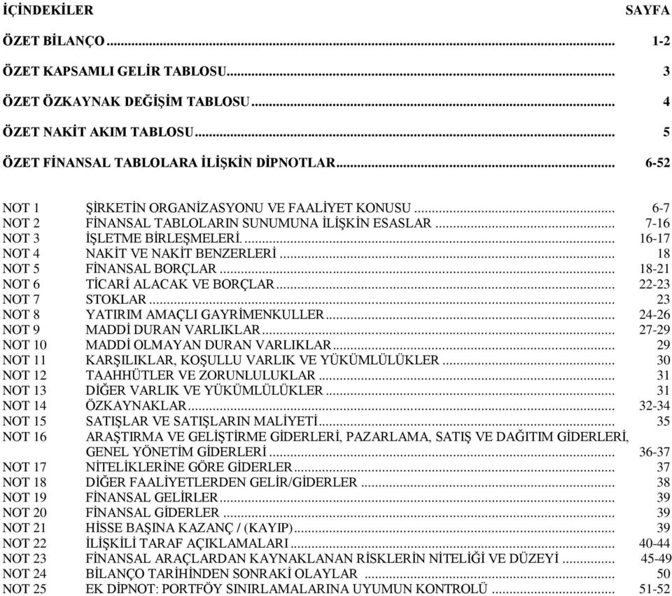 .. 18 NOT 5 FİNANSAL BORÇLAR... 18-21 NOT 6 TİCARİ ALACAK VE BORÇLAR... 22-23 NOT 7 STOKLAR... 23 NOT 8 YATIRIM AMAÇLI GAYRİMENKULLER... 24-26 NOT 9 MADDİ DURAN VARLIKLAR.