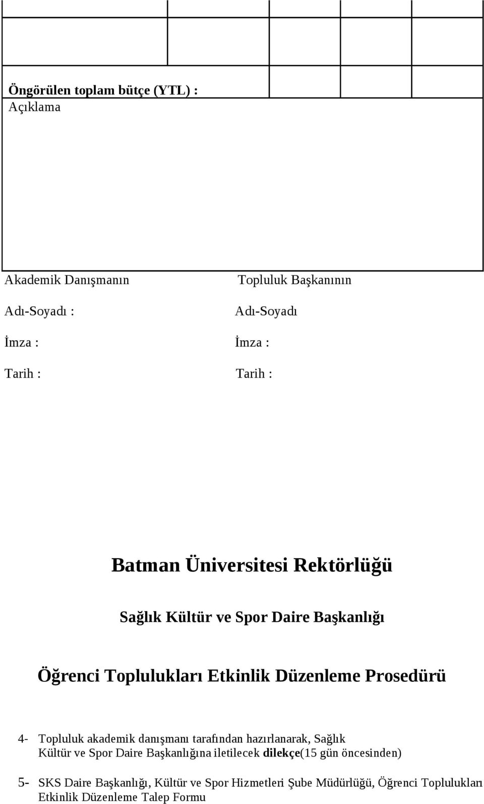 Prosedürü 4- Topluluk akademik danışmanı tarafından hazırlanarak, Sağlık Kültür ve Spor Daire Başkanlığına iletilecek