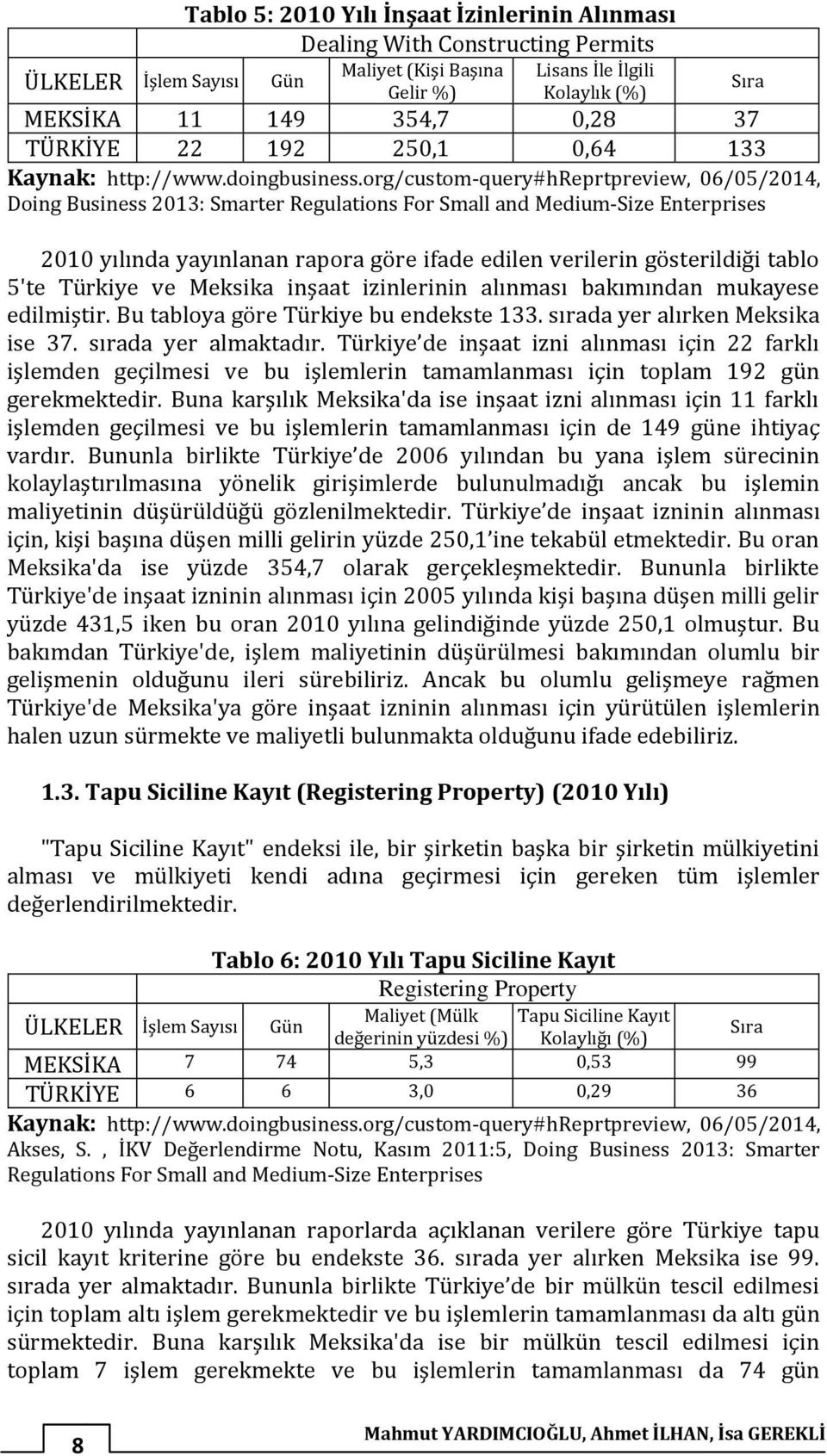 org/custom-query#hreprtpreview, 06/05/2014, Doing Business 2013: Smarter Regulations For Small and Medium-Size Enterprises 2010 yılında yayınlanan rapora göre ifade edilen verilerin gösterildiği