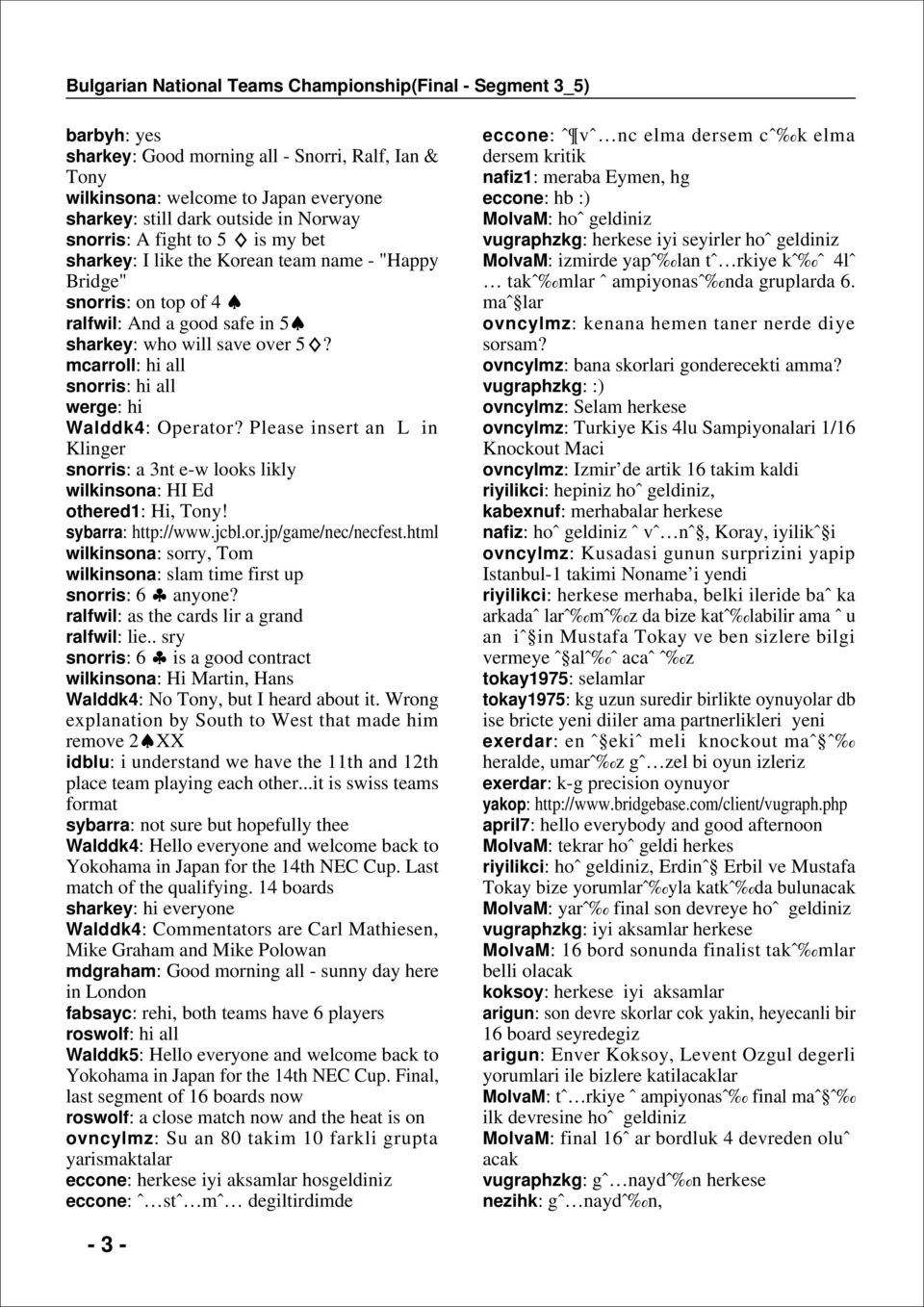 Please insert an L in Klinger snorris: a 3nt e-w looks likly wilkinsona: HI Ed othered1: Hi, Tony! sybarra: http://www.jcbl.or.jp/game/nec/necfest.