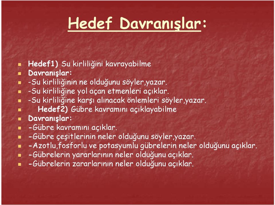 Hedef2) Gübre kavramını açıklayabilme Davranışlar: -Gübre kavramını açıklar. -Gübre çeşitlerinin neler olduğunu söyler,yazar.