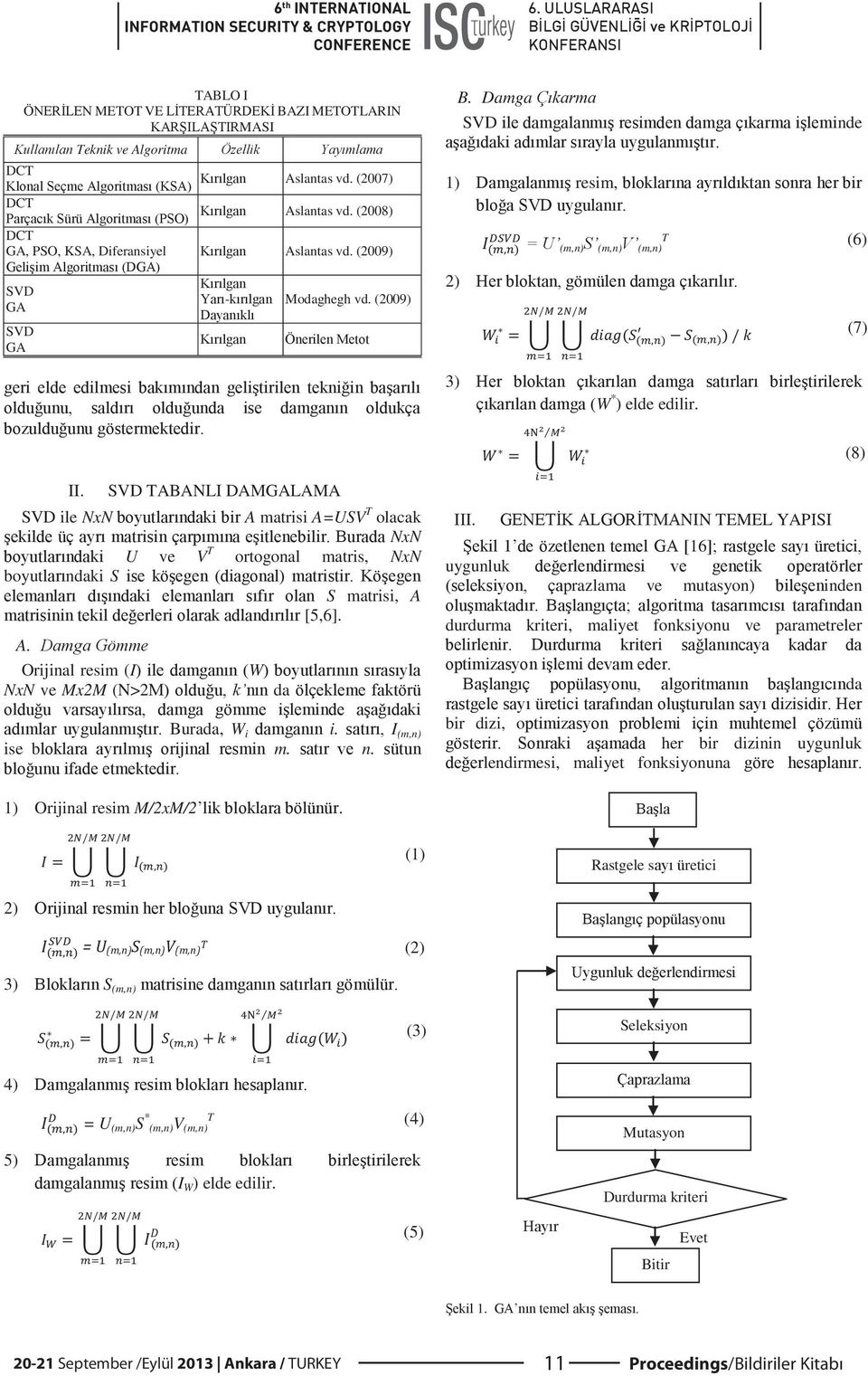 n. 1) Orijinal resim M/2xM/2. 2) (1) (2) 3) S (m,n) B. Damga SVD nde 1) resim, T (m,n) (m,n) (m,n) (6) 2) 3) W * ) elde edilir. III.