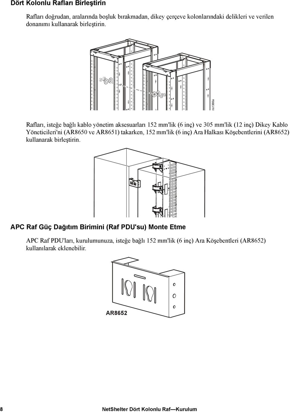 ns1366a Rafları, isteğe bağlı kablo yönetim aksesuarları 152 mm'lik (6 inç) ve 305 mm'lik (12 inç) Dikey Kablo Yöneticileri'ni (AR8650 ve