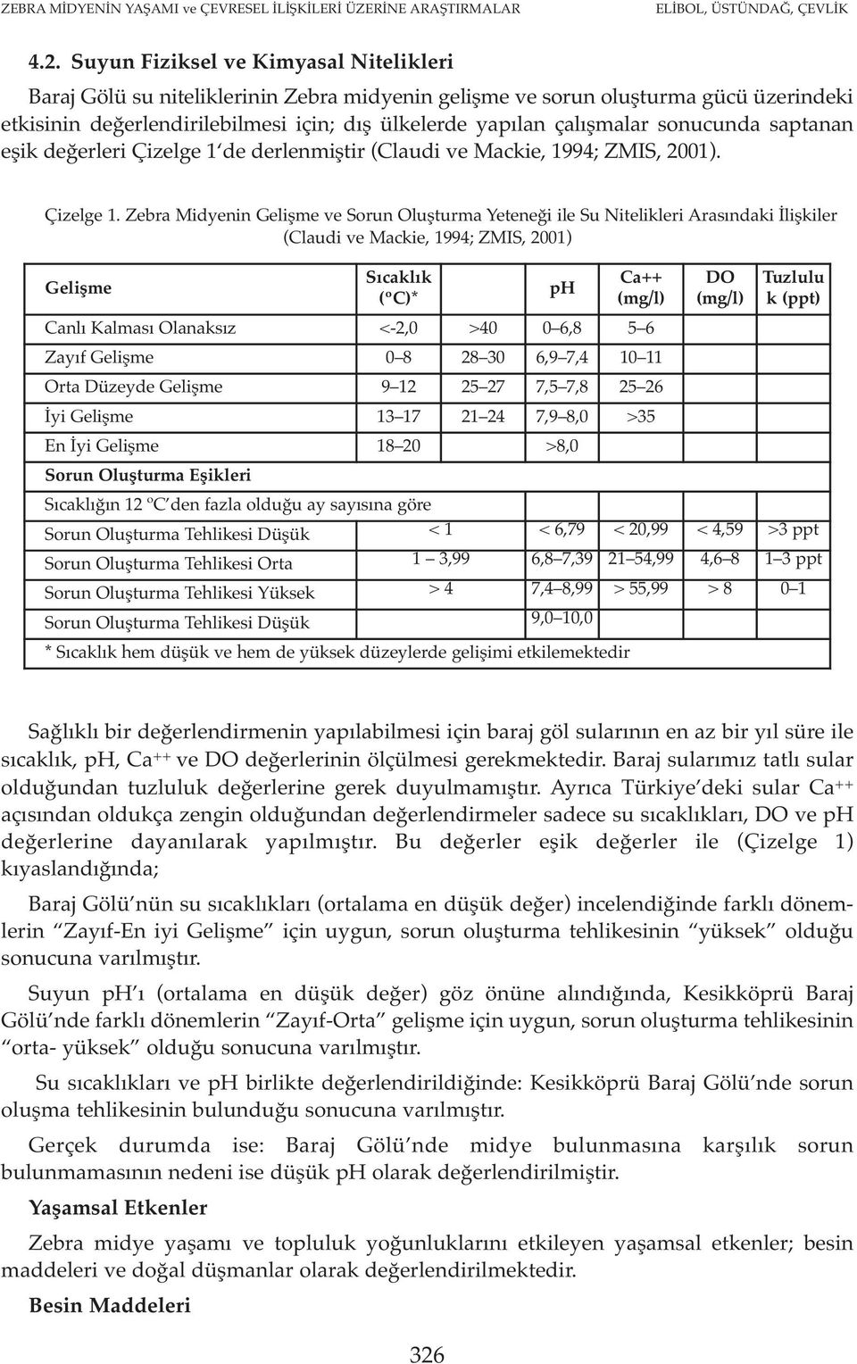 sonucunda saptanan eşik değerleri Çizelge 1 