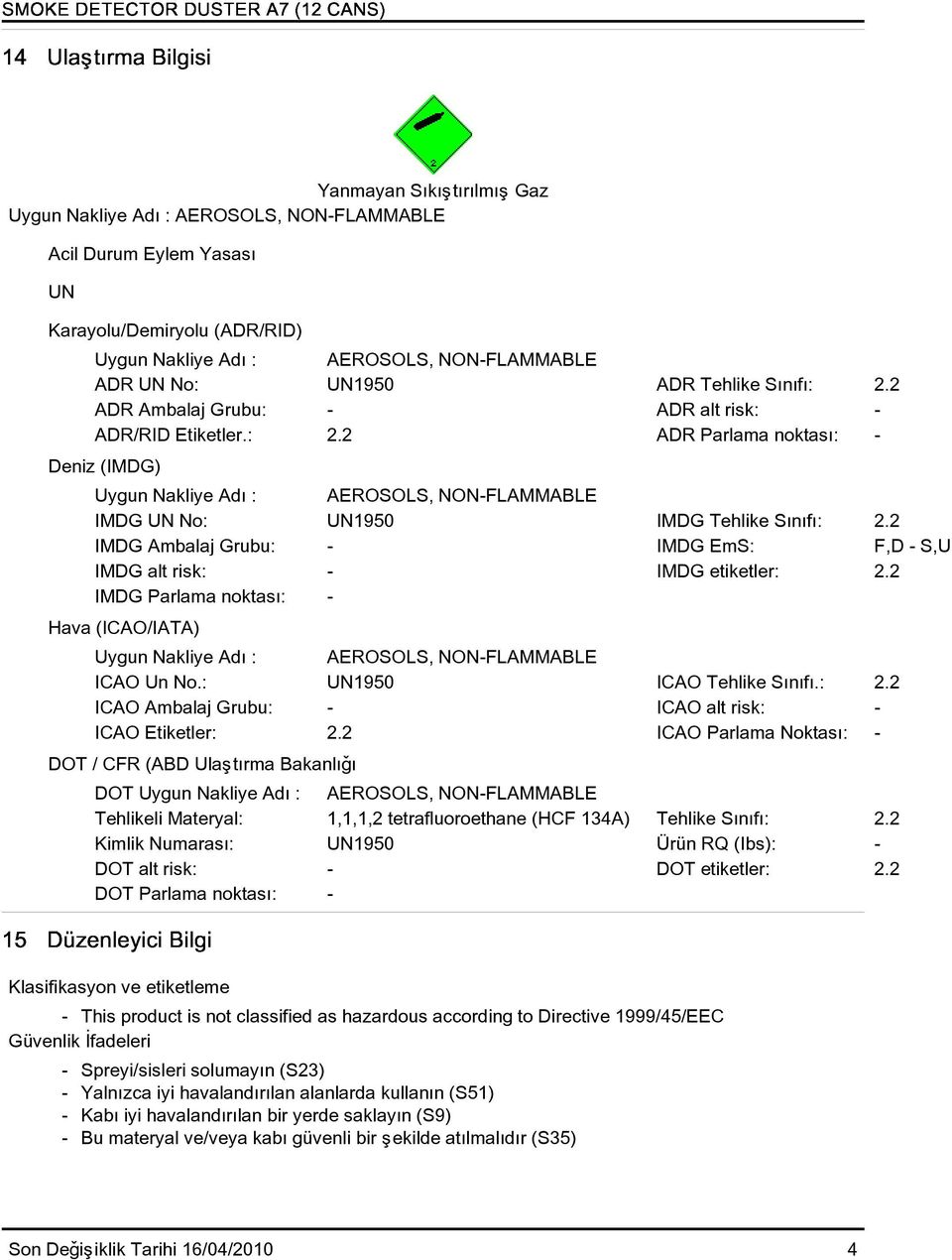 2 IMDG Ambalaj Grubu: - IMDG EmS: F,D - S,U IMDG alt risk: - IMDG etiketler: 2.2 IMDG Parlama noktasý: - Hava (ICAO/IATA) ICAO Un No.: UN1950 ICAO Tehlike Sýnýfý.: 2.2 ICAO Ambalaj Grubu: - ICAO alt risk: - ICAO Etiketler: 2.