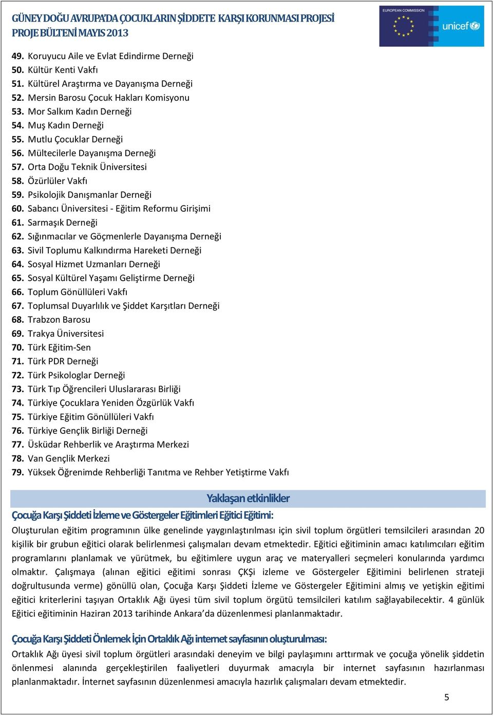 Sabancı Üniversitesi - Eğitim Reformu Girişimi 61. Sarmaşık Derneği 62. Sığınmacılar ve Göçmenlerle Dayanışma Derneği 63. Sivil Toplumu Kalkındırma Hareketi Derneği 64.