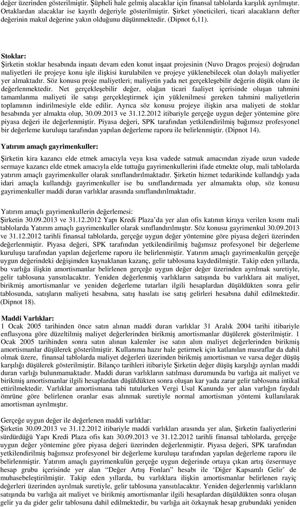 Stoklar: Şirketin stoklar hesabında inşaatı devam eden konut inşaat projesinin (Nuvo Dragos projesi) doğrudan maliyetleri ile projeye konu işle ilişkisi kurulabilen ve projeye yüklenebilecek olan