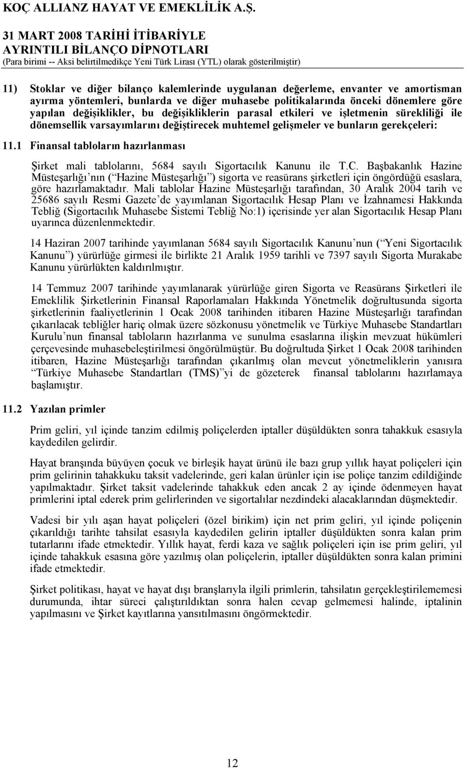 1 Finansal tabloların hazırlanması Şirket mali tablolarını, 5684 sayılı Sigortacılık Kanunu ile T.C.