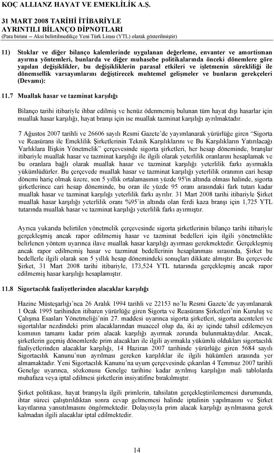 7 Muallak hasar ve tazminat karşılığı Bilanço tarihi itibariyle ihbar edilmiş ve henüz ödenmemiş bulunan tüm hayat dışı hasarlar için muallak hasar karşılığı, hayat branşı için ise muallak tazminat