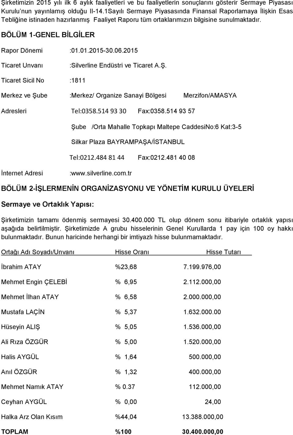 01.2015-30.06.2015 Ticaret Unvanı :Silverline Endüstri ve Ticaret A.Ş. Ticaret Sicil No :1811 Merkez ve Şube :Merkez/ Organize Sanayi Bölgesi Merzifon/AMASYA Adresleri Tel:0358.514 93 30 Fax:0358.