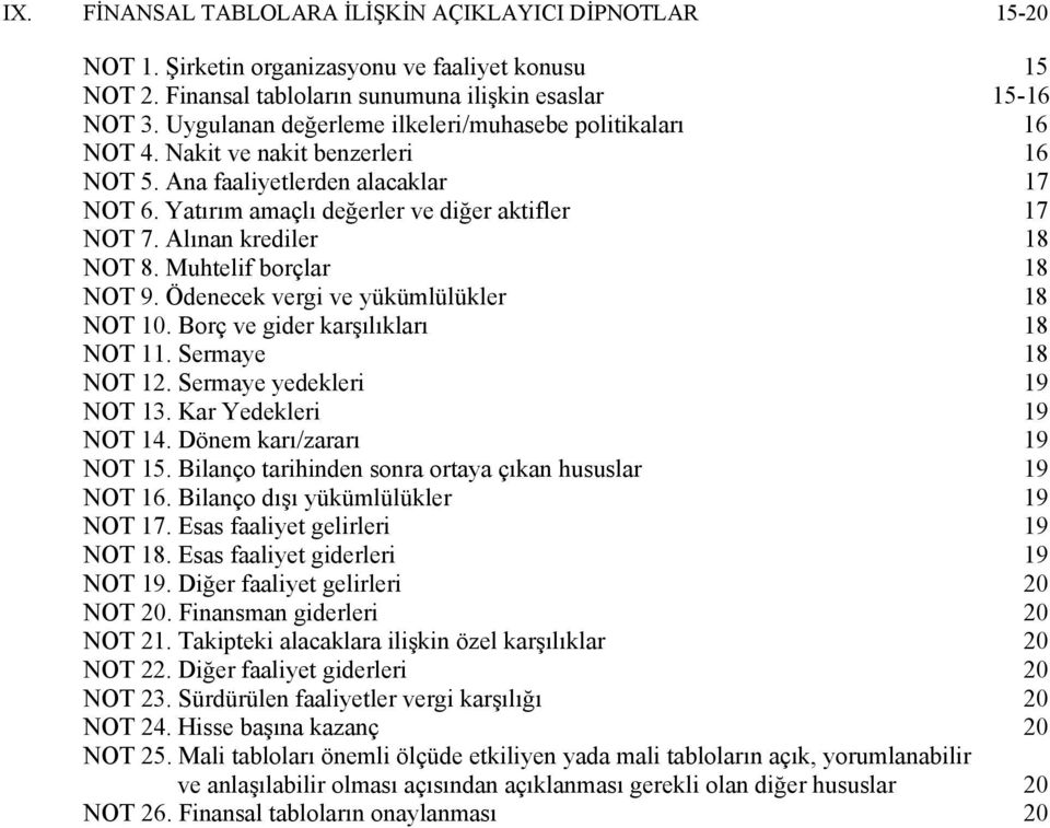 Alınan krediler 18 NOT 8. Muhtelif borçlar 18 NOT 9. Ödenecek vergi ve yükümlülükler 18 NOT 10. Borç ve gider karşılıkları 18 NOT 11. Sermaye 18 NOT 12. Sermaye yedekleri 19 NOT 13.