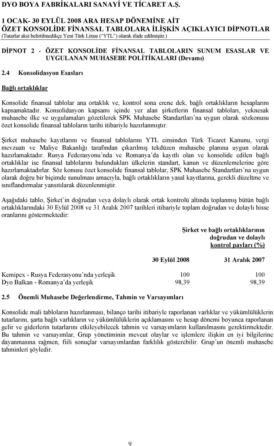 Konsolidasyon kapsamı içinde yer alan şirketlerin finansal tabloları, yeknesak muhasebe ilke ve uygulamaları gözetilerek SPK Muhasebe Standartları na uygun olarak sözkonusu özet konsolide finansal