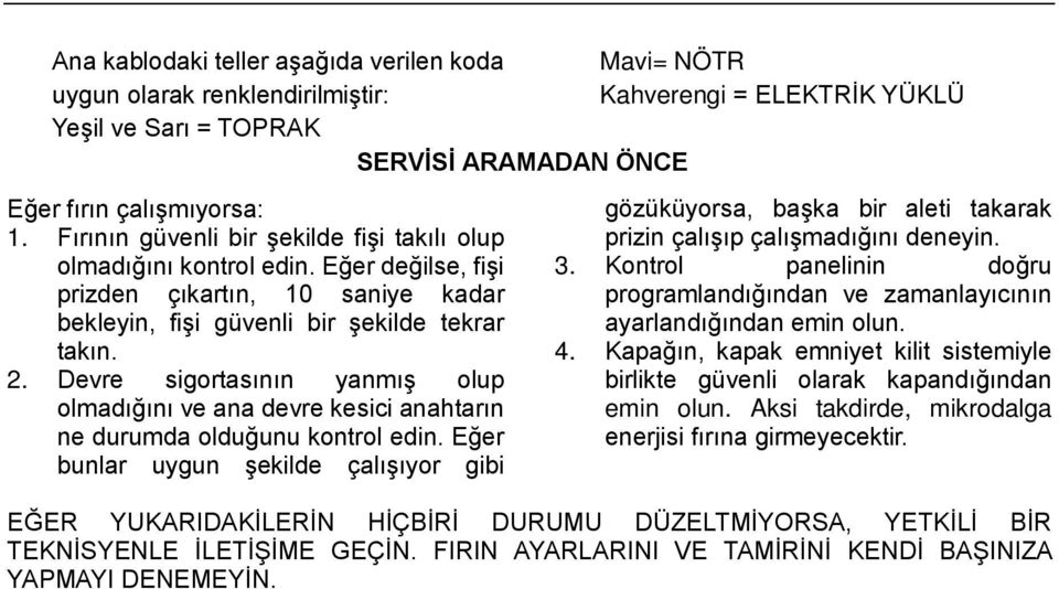 Devre sigortasının yanmış olup olmadığını ve ana devre kesici anahtarın ne durumda olduğunu kontrol edin.