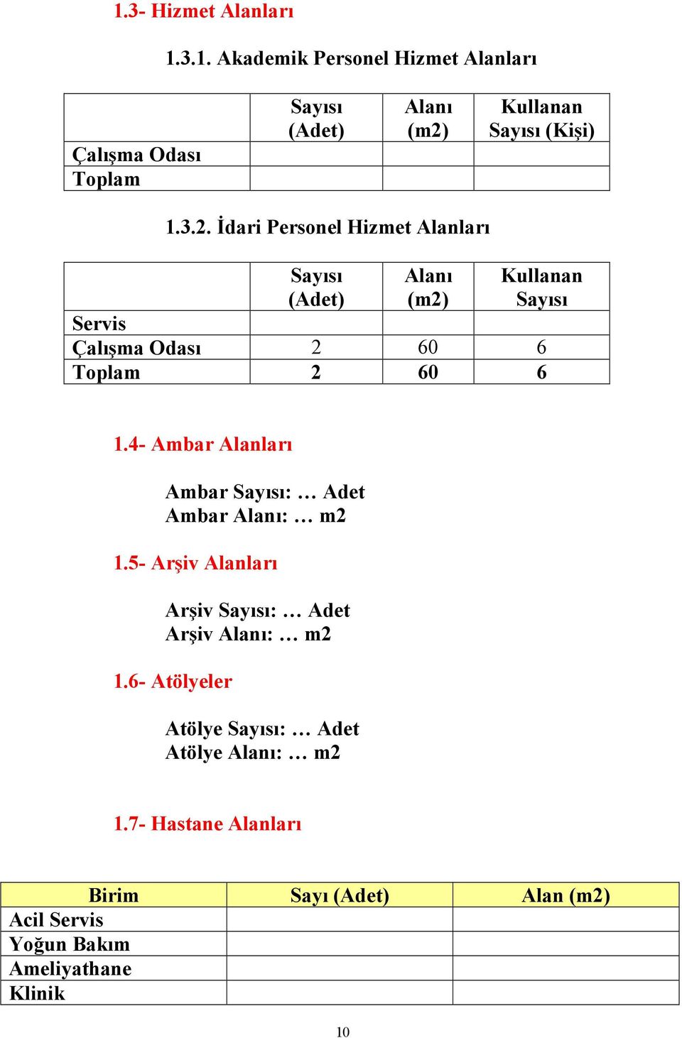 4- Ambar Alanları Ambar Sayısı: Adet Ambar Alanı: m2 1.5- Arşiv Alanları Arşiv Sayısı: Adet Arşiv Alanı: m2 1.