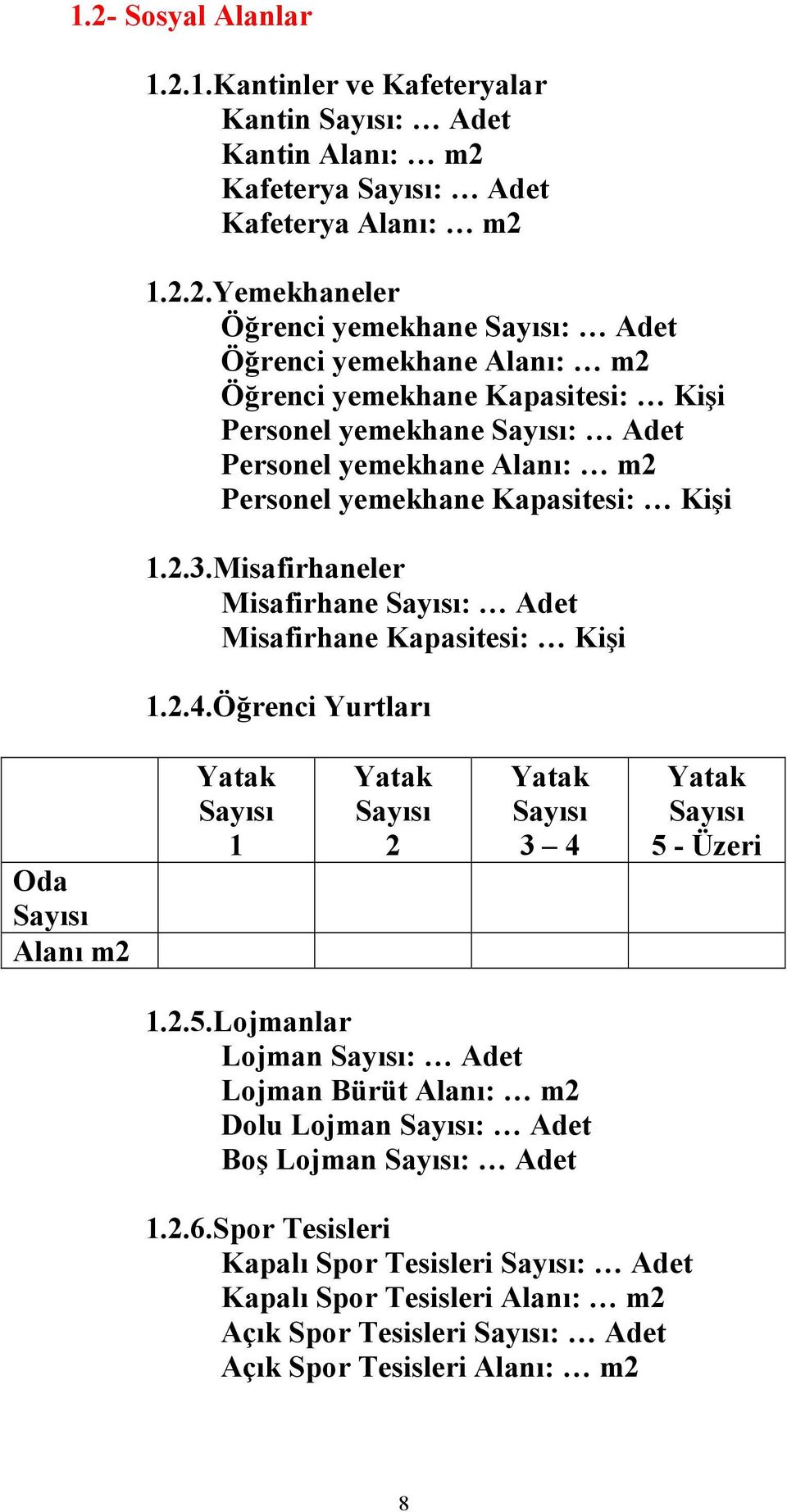 Misafirhaneler Misafirhane Sayısı: Adet Misafirhane Kapasitesi: Kişi 1.2.4.Öğrenci Yurtları Oda Sayısı Alanı m2 Yatak Sayısı 1 Yatak Sayısı 2 Yatak Sayısı 3 4 Yatak Sayısı 5 