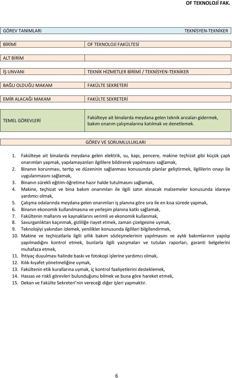 Fakülteye ait binalarda meydana gelen elektrik, su, kapı, pencere, makine teçhizat gibi küçük çaplı onarımları yapmak, yapılamayanları ilgililere bildirerek yapılmasını sağlamak, 2.