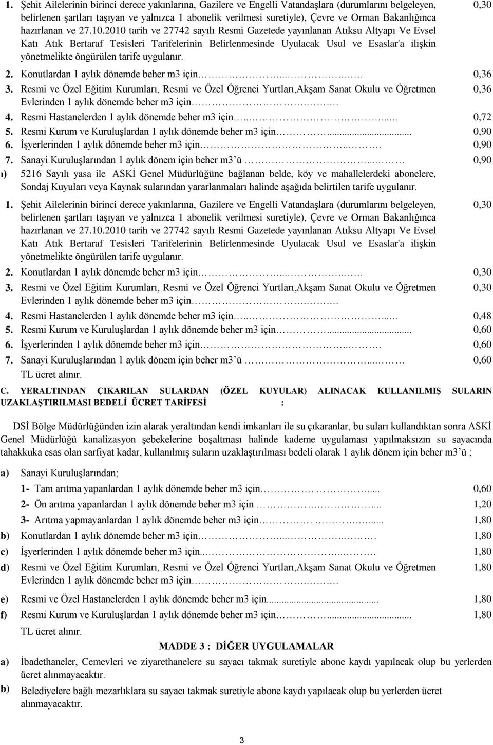 2010 tarih ve 27742 sayılı Resmi Gazetede yayınlanan Atıksu Altyapı Ve Evsel Katı Atık Bertaraf Tesisleri Tarifelerinin Belirlenmesinde Uyulacak Usul ve Esaslar'a ilişkin yönetmelikte öngürülen