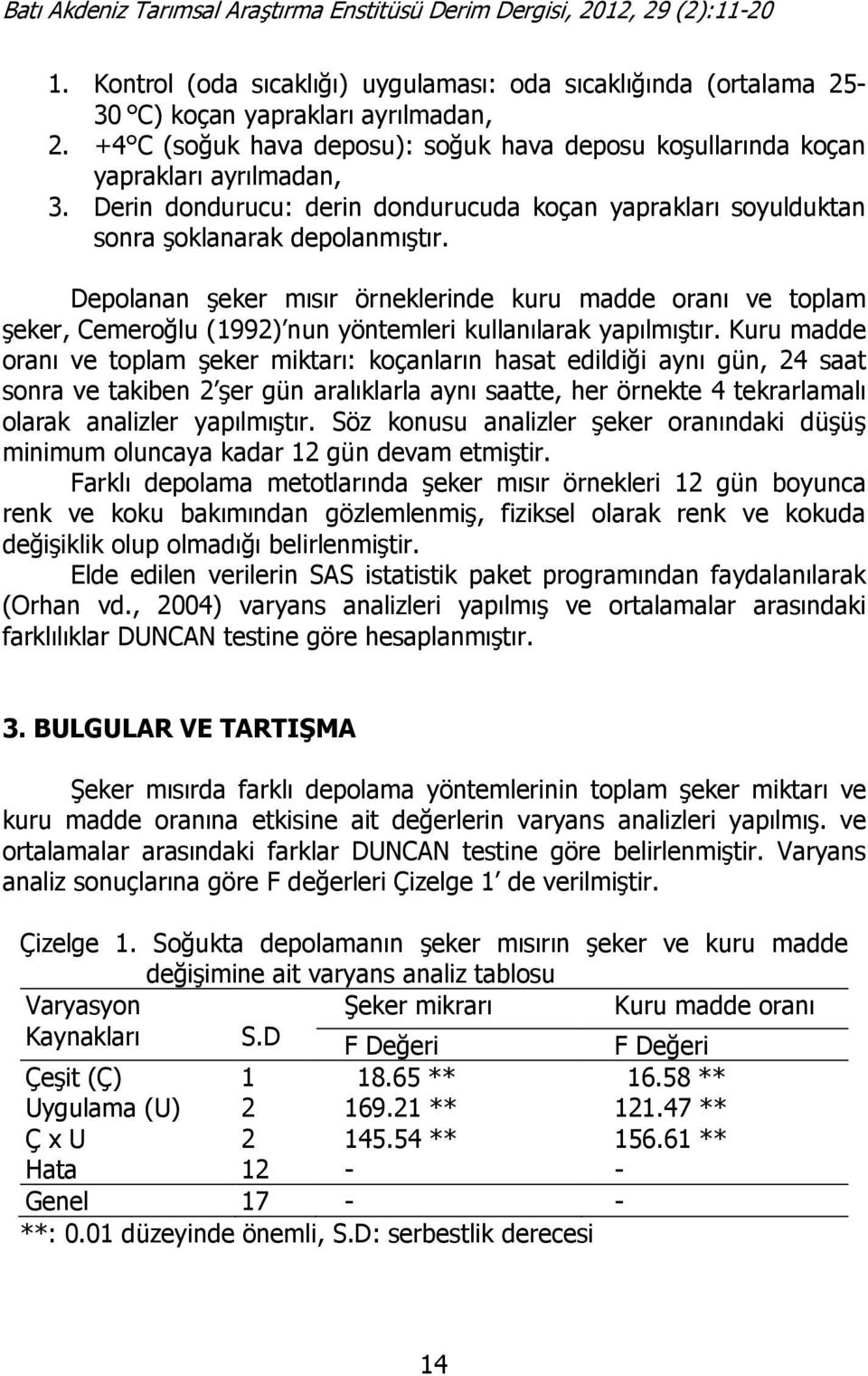 Depolanan şeker mısır örneklerinde kuru madde oranı ve toplam şeker, Cemeroğlu (1992) nun yöntemleri kullanılarak yapılmıştır.