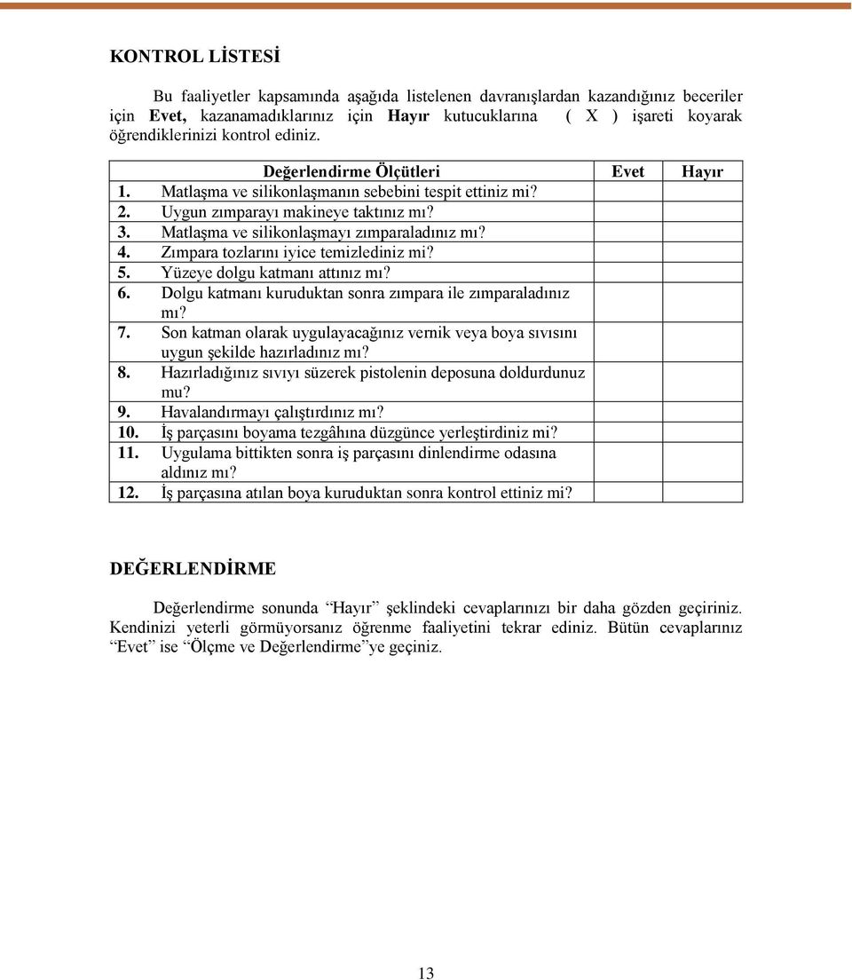 4. Zımpara tozlarını iyice temizlediniz mi? 5. Yüzeye dolgu katmanı attınız mı? 6. Dolgu katmanı kuruduktan sonra zımpara ile zımparaladınız mı? 7.