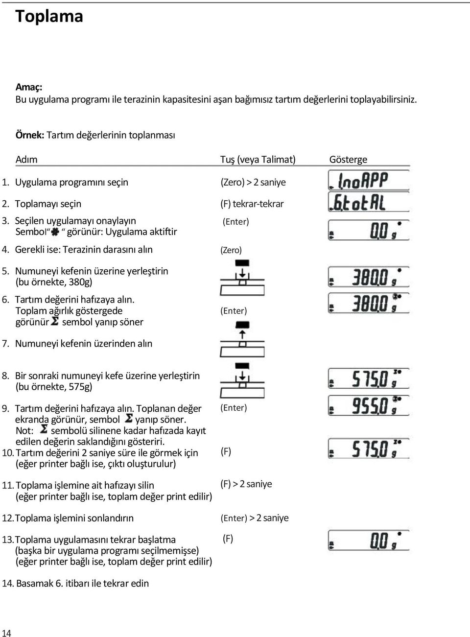 Tartım değerini hafızaya alın. Toplam ağırlık göstergede görünür sembol yanıp söner 7. Numuneyi kefenin üzerinden alın Tuş (veya Talimat) (Zero) > 2 saniye (F) tekrar-tekrar (Zero) Gösterge 8.