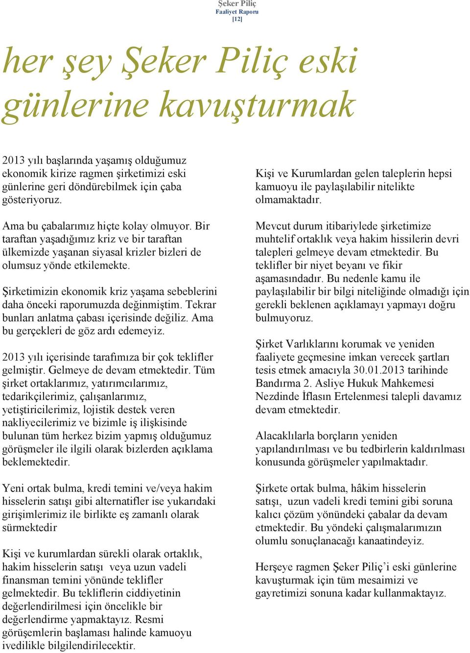 Şirketimizin ekonomik kriz yaşama sebeblerini daha önceki raporumuzda değinmiştim. Tekrar bunları anlatma çabası içerisinde değiliz. Ama bu gerçekleri de göz ardı edemeyiz.