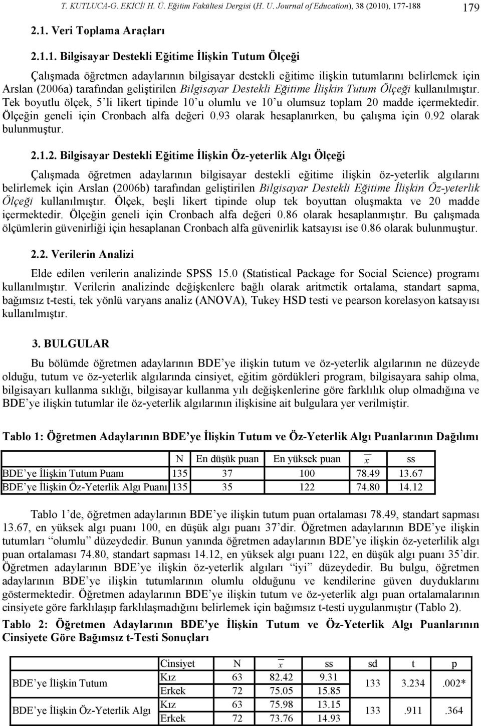 (2006a) tarafından geliştirilen Bilgisayar Destekli Eğitime İlişkin Tutum Ölçeği kullanılmıştır. Tek boyutlu ölçek, 5 li likert tipinde 10 u olumlu ve 10 u olumsuz toplam 20 madde içermektedir.