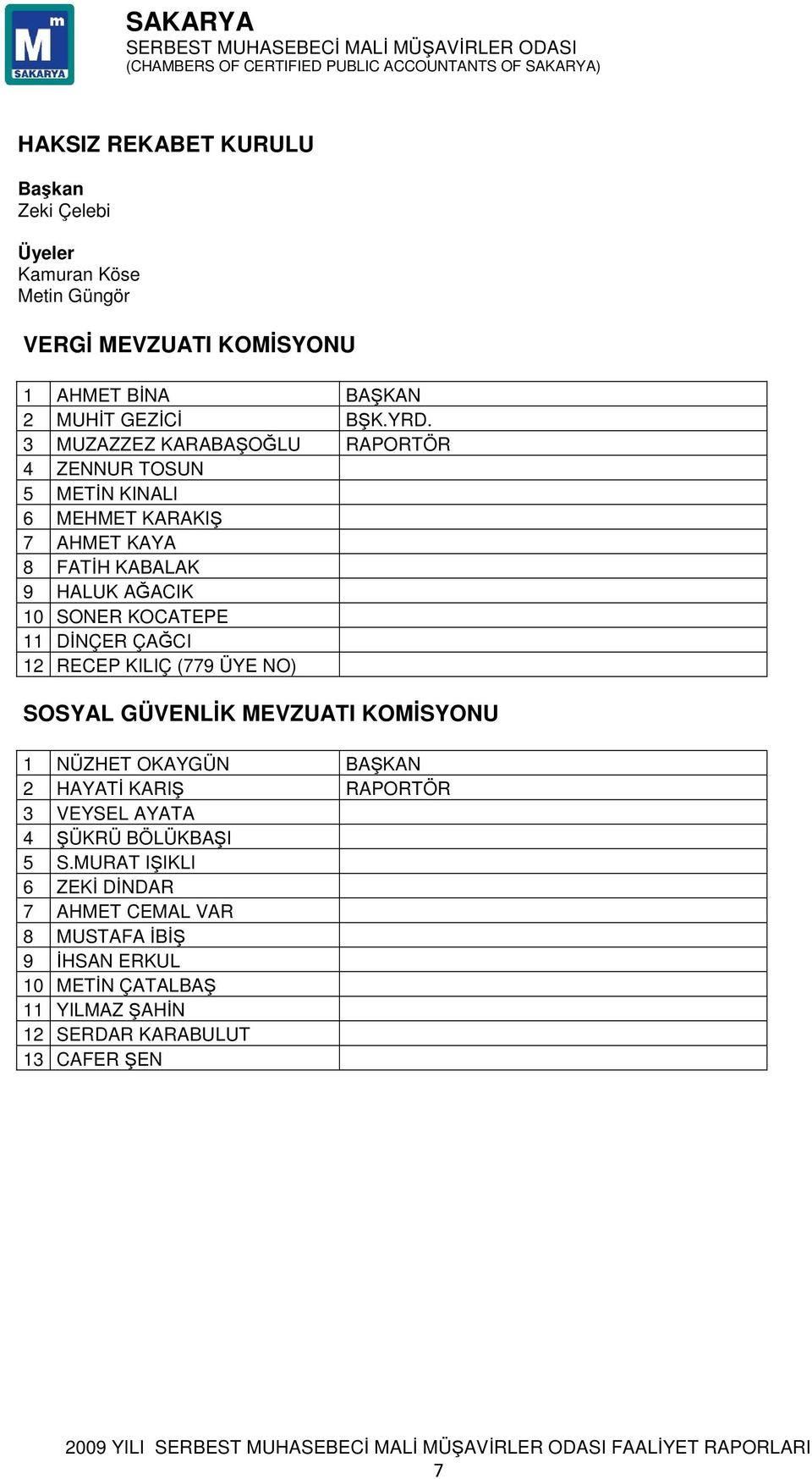 DİNÇER ÇAĞCI 12 RECEP KILIÇ (779 ÜYE NO) SOSYAL GÜVENLİK MEVZUATI KOMİSYONU 1 NÜZHET OKAYGÜN BA KAN 2 HAYATİ KARI RAPORTÖR 3 VEYSEL AYATA 4 ÜKRÜ