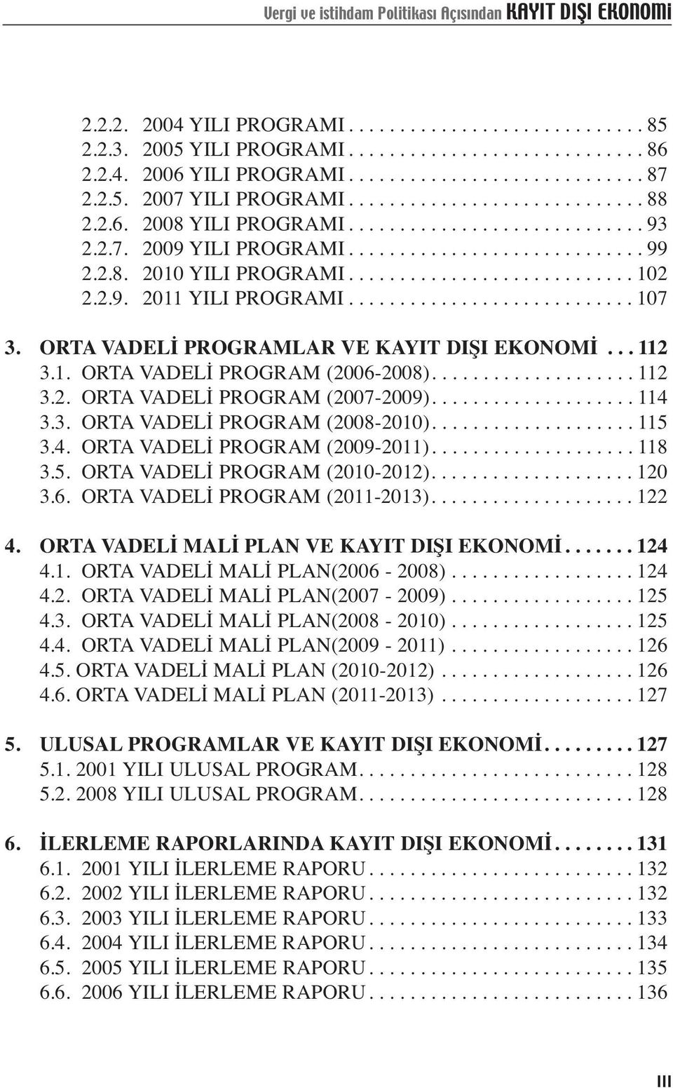 2.8. 2010 YILI PROGRAMI............................ 102 2.2.9. 2011 YILI PROGRAMI............................ 107 3. ORTA VADELİ PROGRAMLAR VE KAYIT DIŞI EKONOMİ... 112 3.1. ORTA VADELİ PROGRAM (2006-2008).